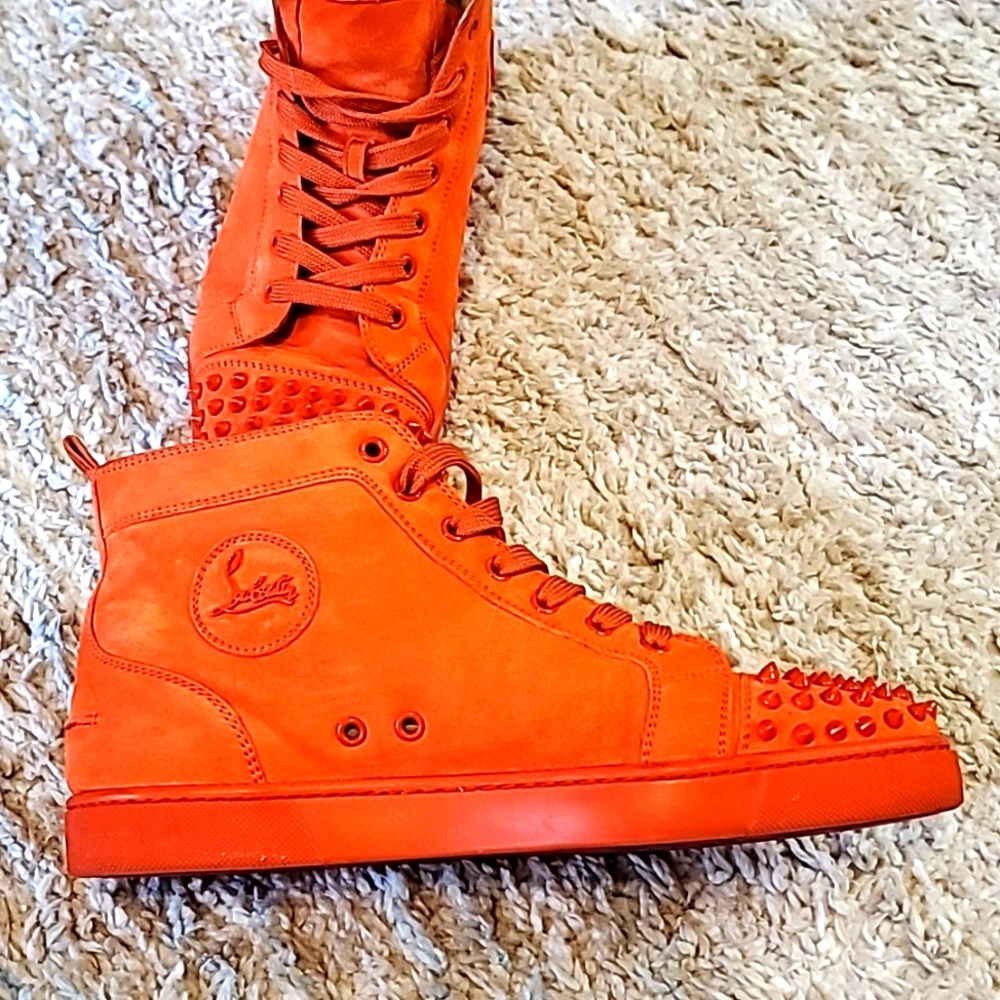AUTHENTIC Christian Louboutin Orange Suede Lou Spikes High Top Sneakers, 42.5